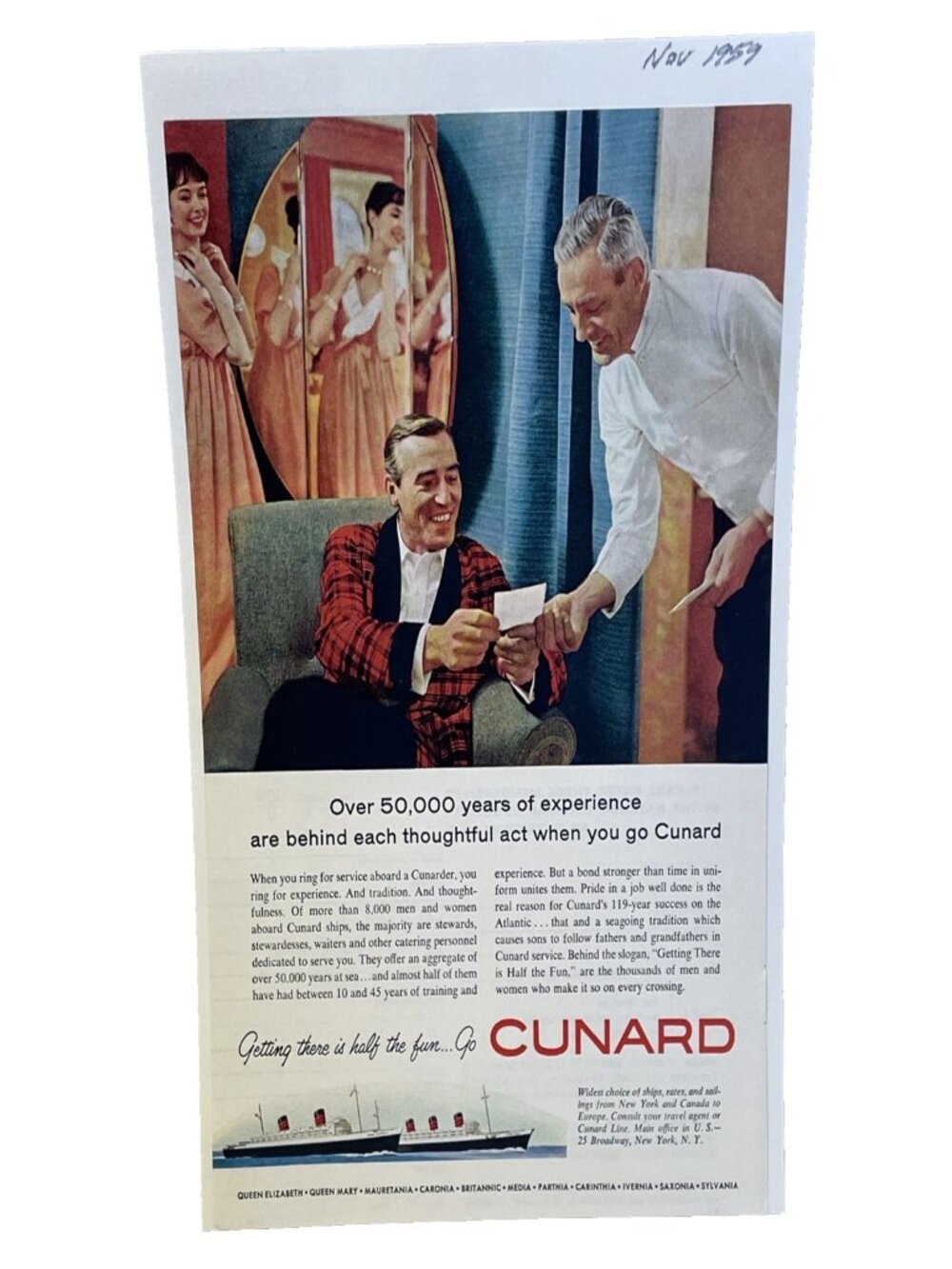 1959 Cunard Line Cruise Ship Vintage Magazine Ad Ocean Liner Print 50,000 Years